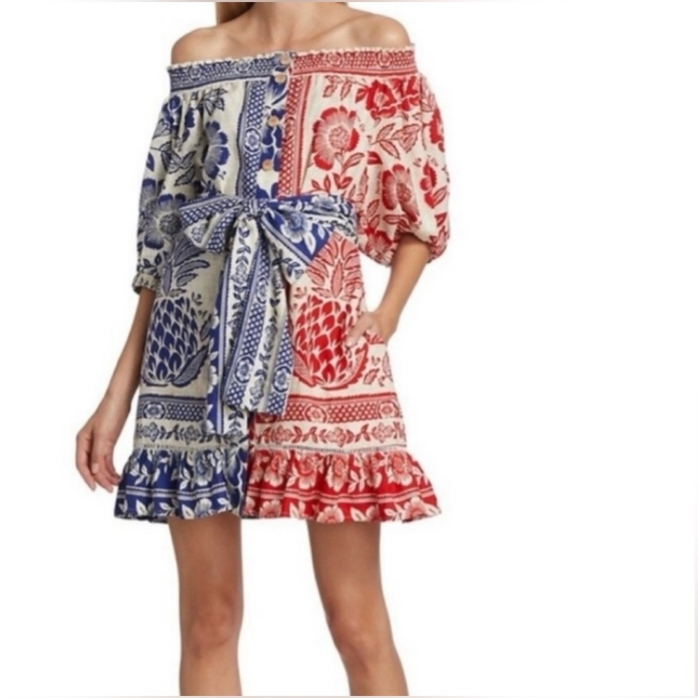 FARM Rio Off-Shoulder Mini Dress - Red and Blue Floral